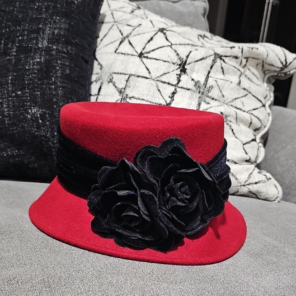 Red Women's Felt Cloche Hat with Black Flower Trim